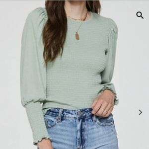 Another Love Odessa Smocked Long Puff Sleeve Mint Green Top NWT